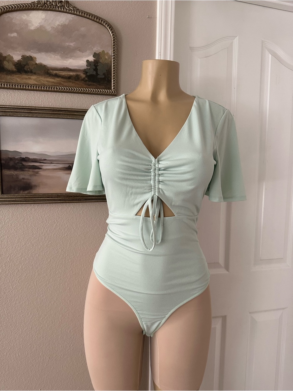 Guess by Marciano Light Mint Ruched Tie-Front V-Neck Bodysuit